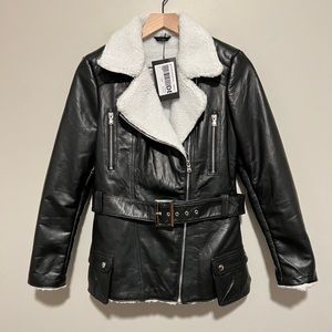 NWT Verona Genuine Black Leather Jacket with Asymmetrical White Sherpa S…